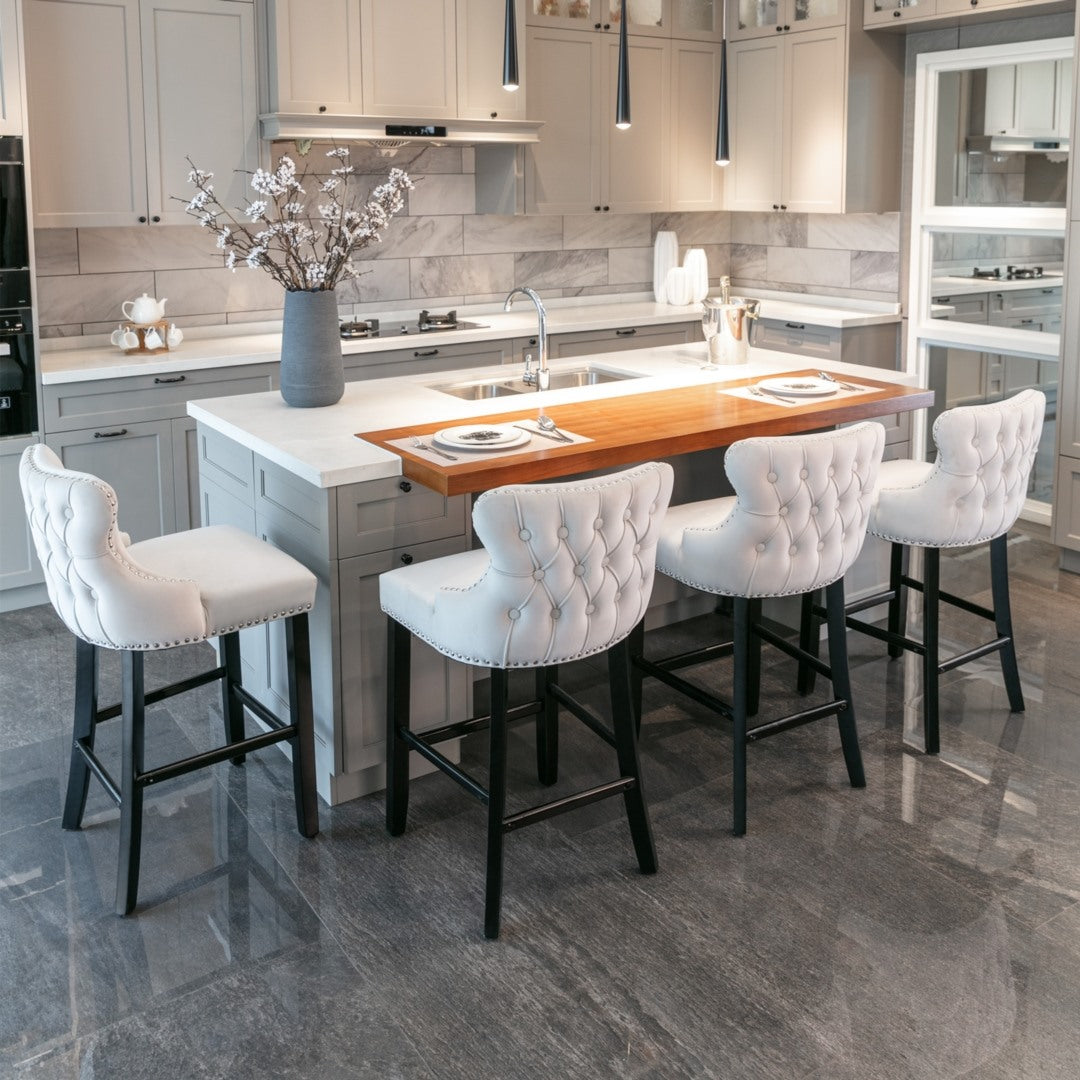 2 x Velvet Upholstered Button Tufted Bar Stools with Wood Legs and Studs-Beige